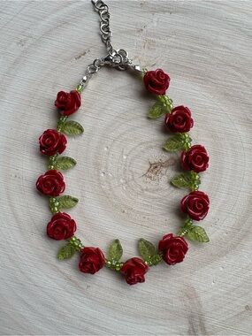 Artisan Made Adjustable Rose Bracelet With Acrylic & Glass Beads